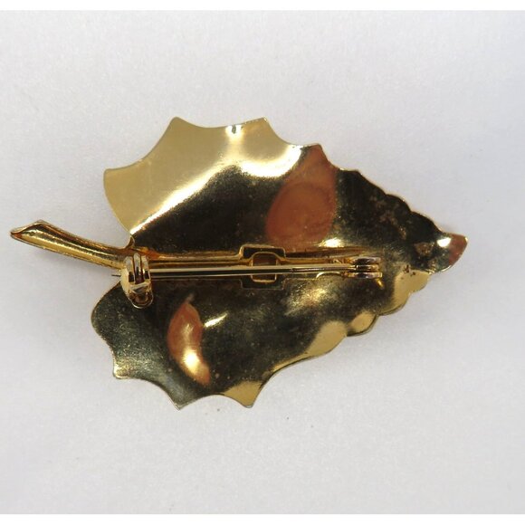 Vintage Leaf Brooch 2" Gold Tone Pin Realistic Stem Veins Autumn - Picture 9 of 11